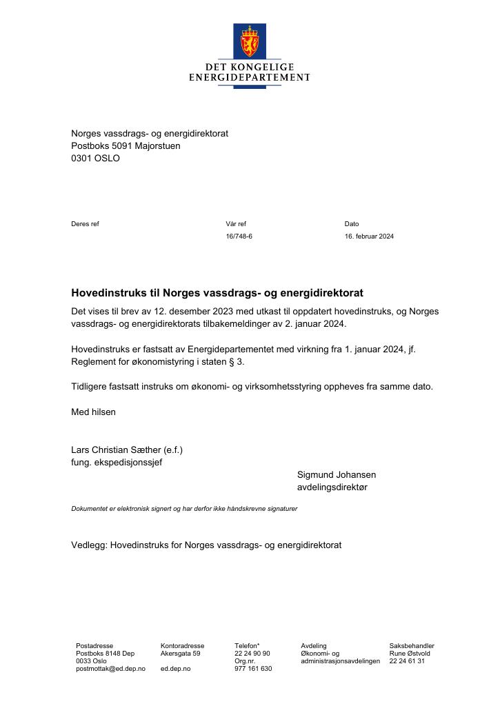 Forsiden av dokumentet Hovedinstruks for Norges vassdrags- og energidirektorat