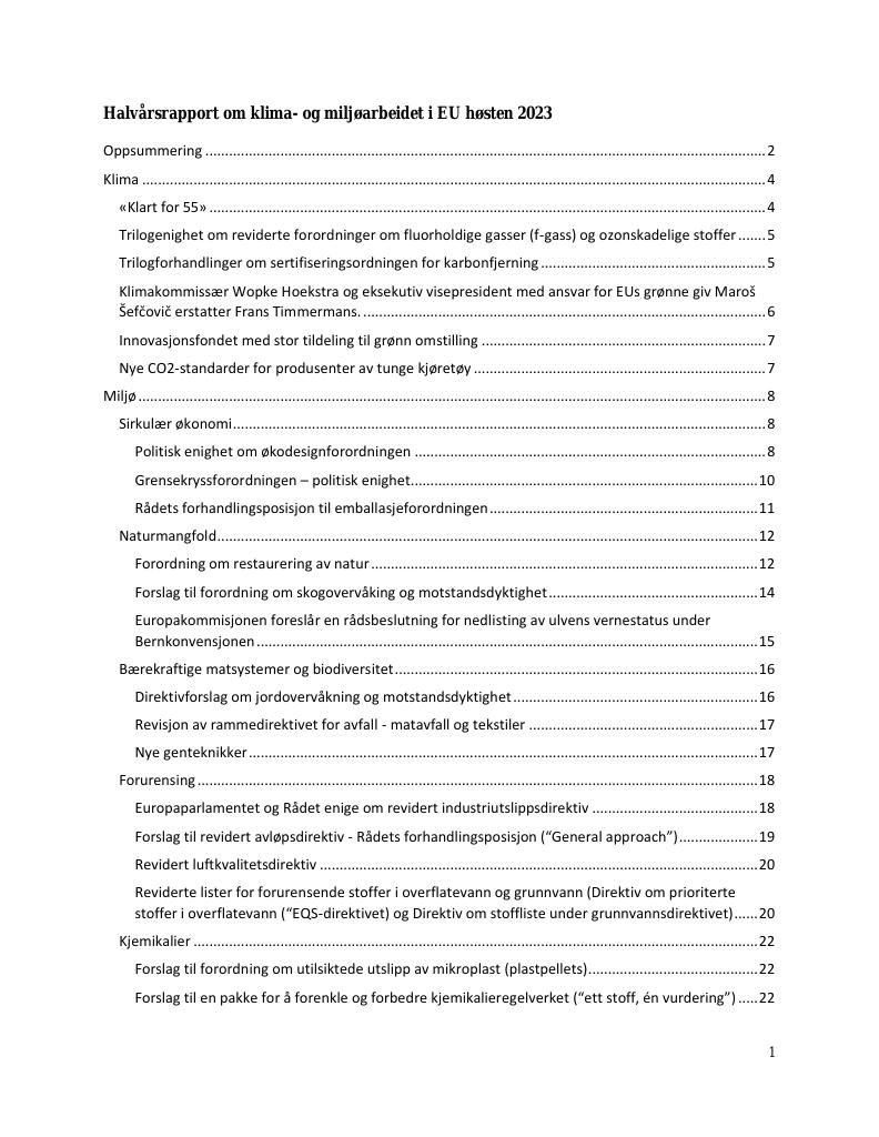 Forsiden av dokumentet EU-delegasjonens rapport om klima og miljø høsten 2023