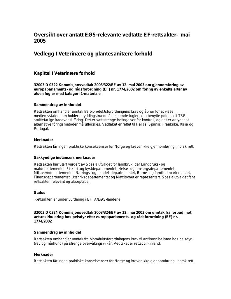 Forsiden av dokumentet Oversikt over antatt EØS-relevante vedtatte EF-rettsakter– mai 2005