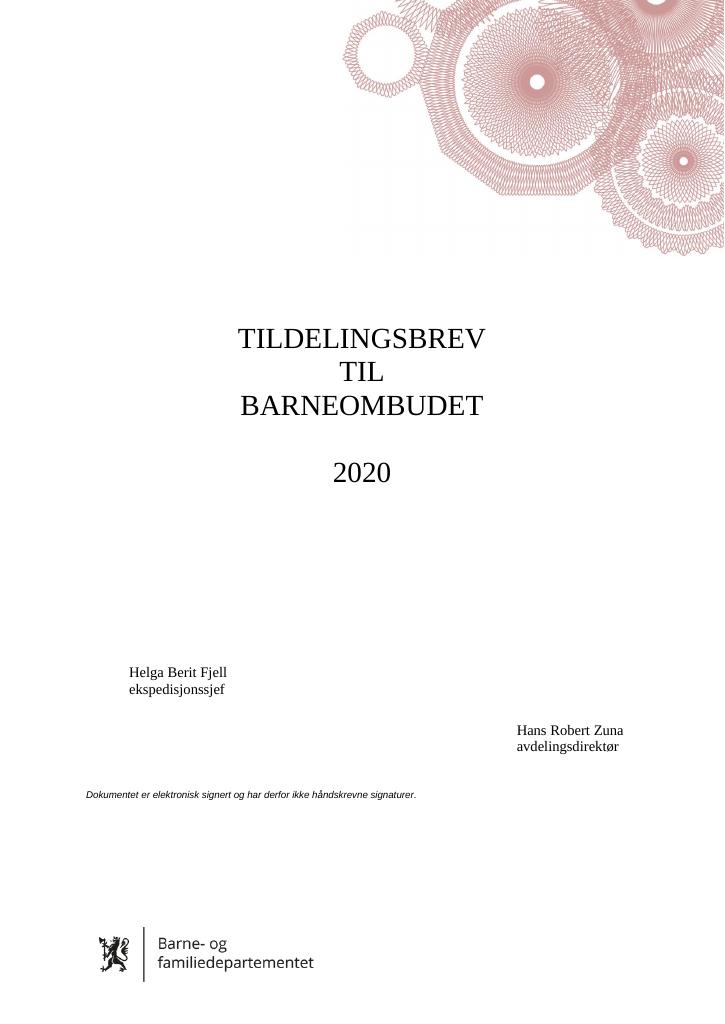 Forsiden av dokumentet Tildelingsbrev Barneombudet 2020