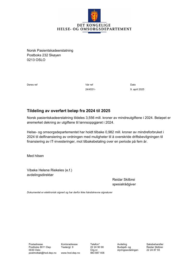 Forsiden av dokumentet Tildelingsbrev Norsk pasientskadeerstatning 2025 - tillegg nr. 1