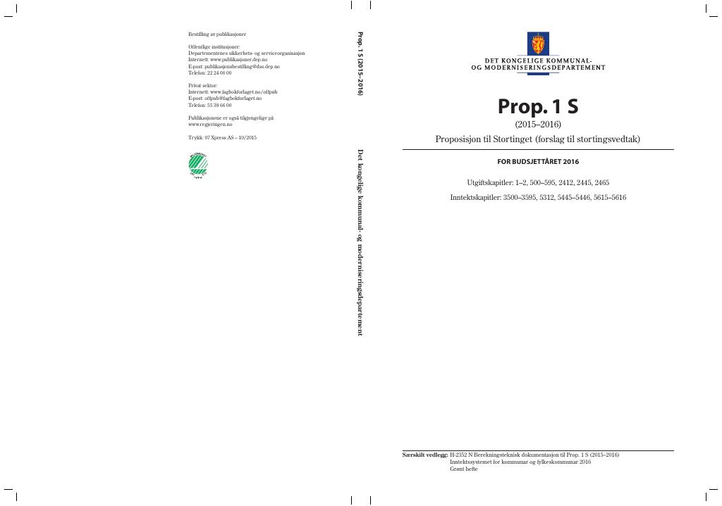Forsiden av dokumentet Prop. 1 S (2015–2016)