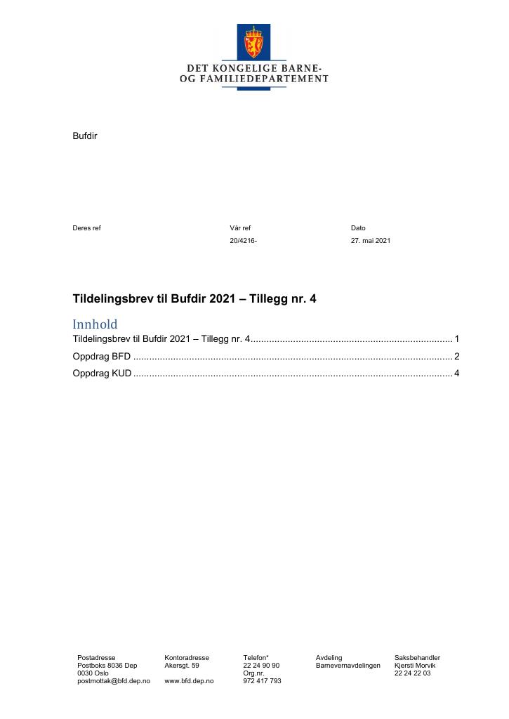 Forsiden av dokumentet Tildelingsbrev Bufdir 2021 - tillegg nr. 4