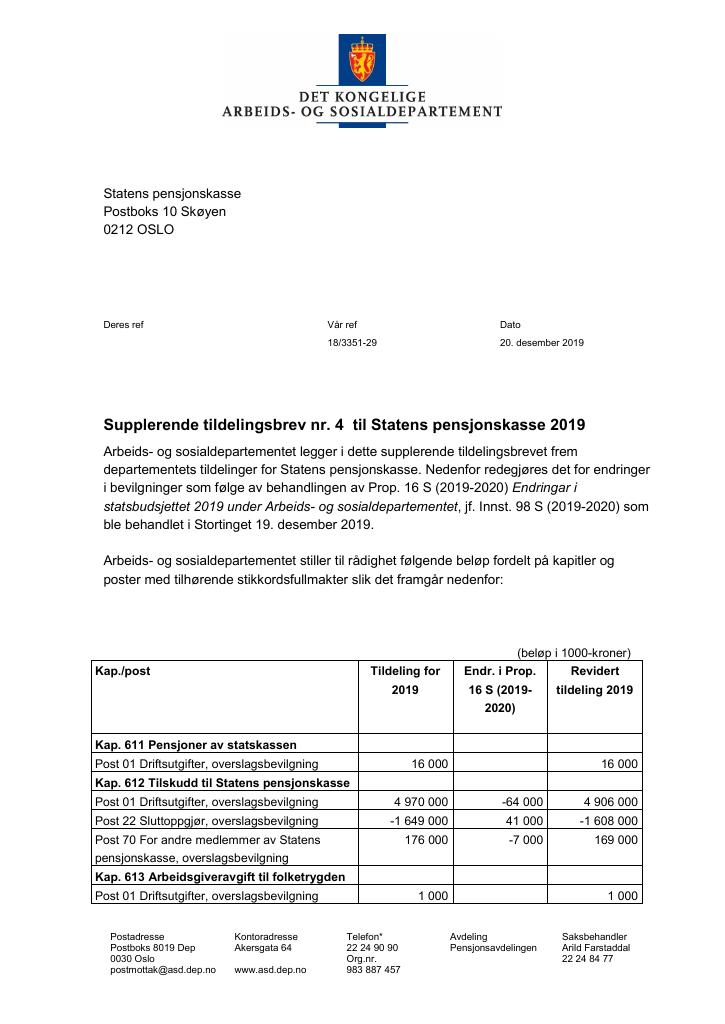 Forsiden av dokumentet Supplerende tildelingsbrev nr. 4 Statens pensjonskasse 2019