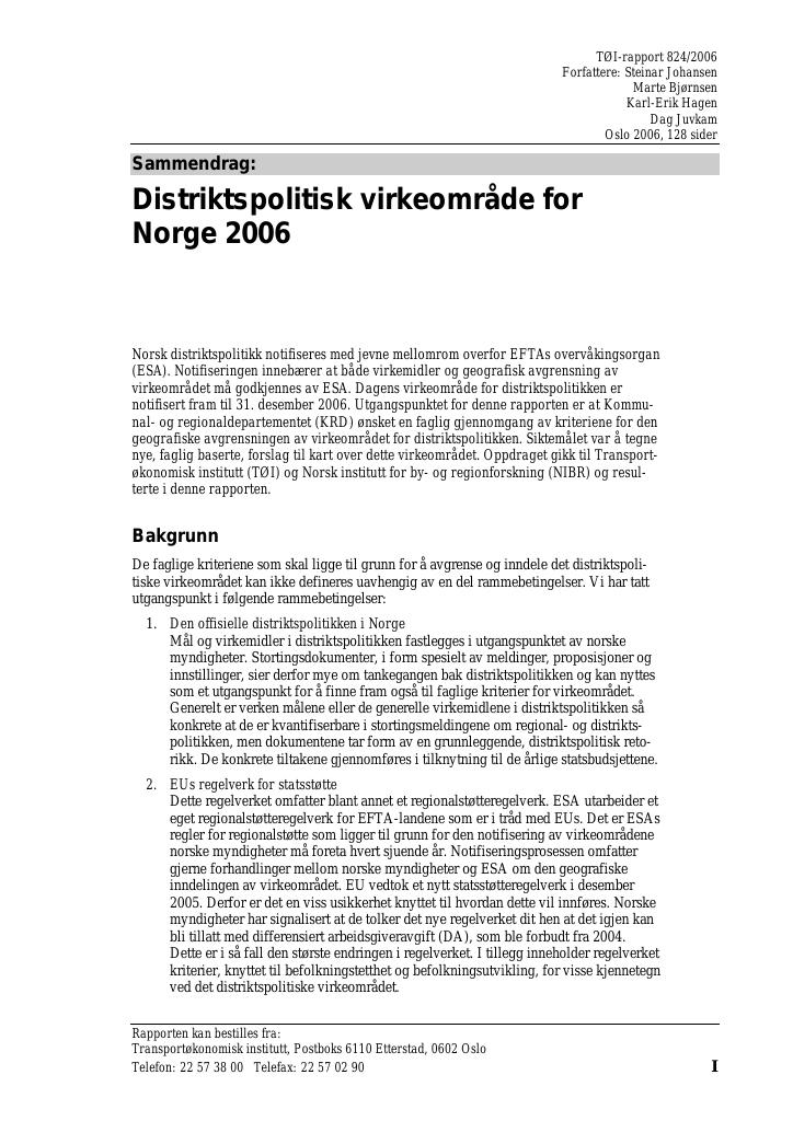 Forsiden av dokumentet Sammendrag: Distriktspolitisk virkeområde for Norge 2006