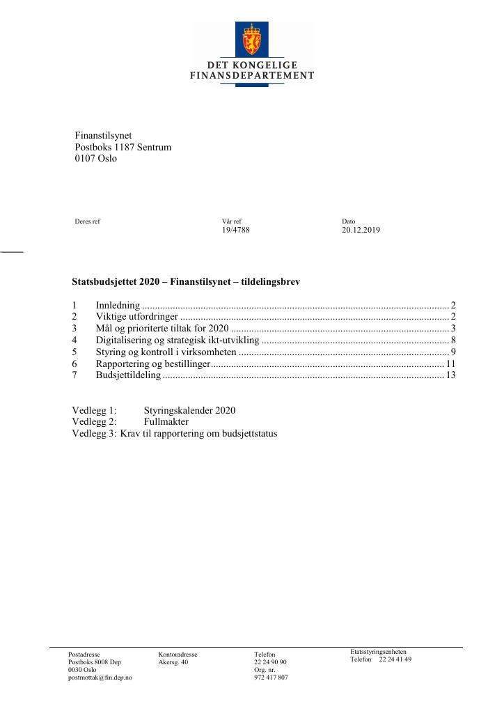 Forsiden av dokumentet Tildelingsbrev Finanstilsynet 2020