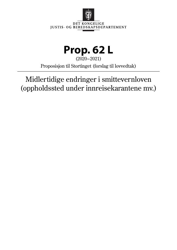 Forsiden av dokumentet Prop. 62 L (2020–2021)