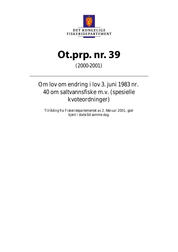 Forsiden av dokumentet Ot.prp. nr. 39 (2000-2001)