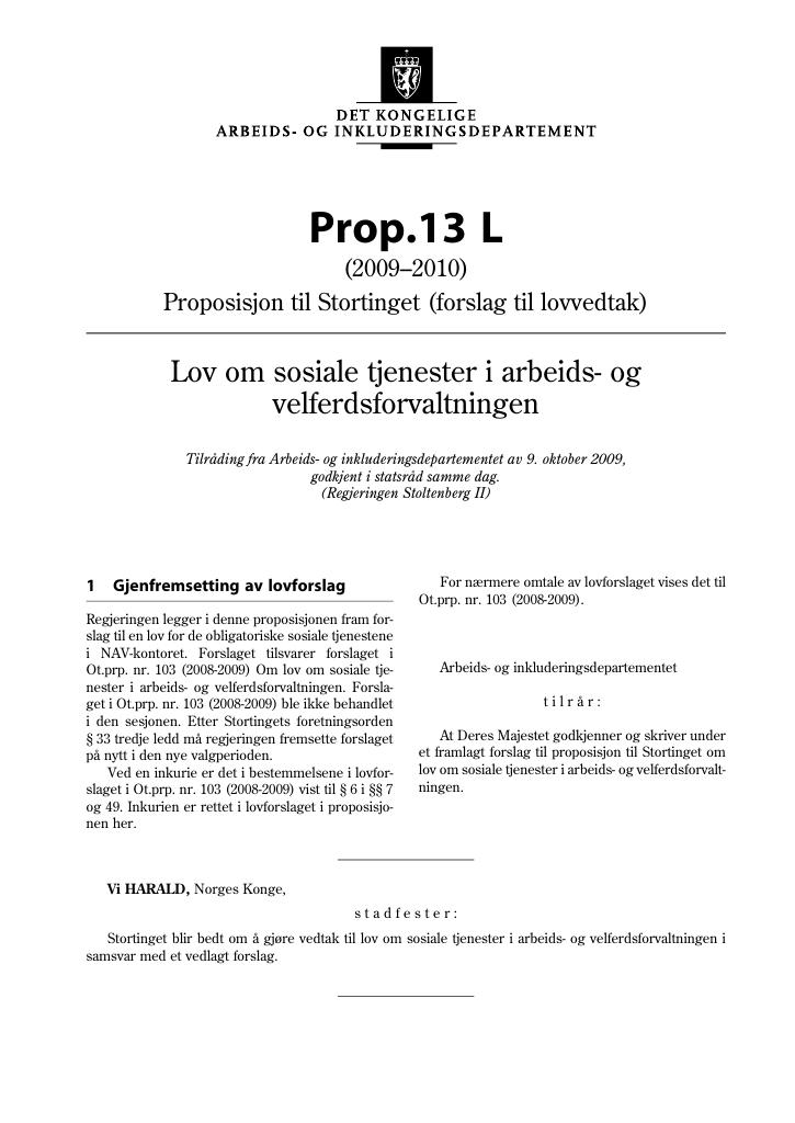 Forsiden av dokumentet Prop. 13 L (2009-2010)