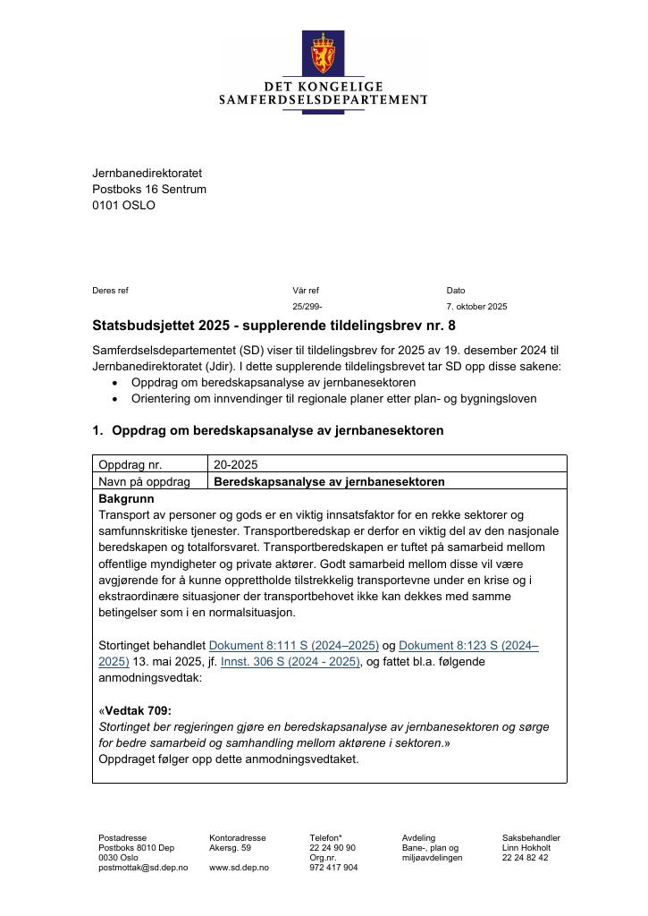 Forsiden av dokumentet Tildelingsbrev Jernbanedirektoratet 2025 - tillegg nr. 8