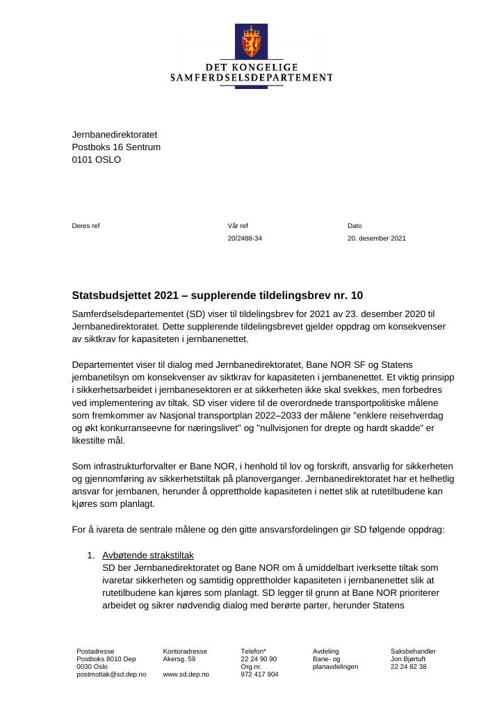 Forsiden av dokumentet Tildelingsbrev Jernbanedirektoratet 2021 - tillegg nr. 10