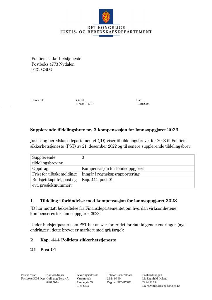 Forsiden av dokumentet Tildelingsbrev Politiets sikkerhetstjeneste 2023 - tillegg nr. 3