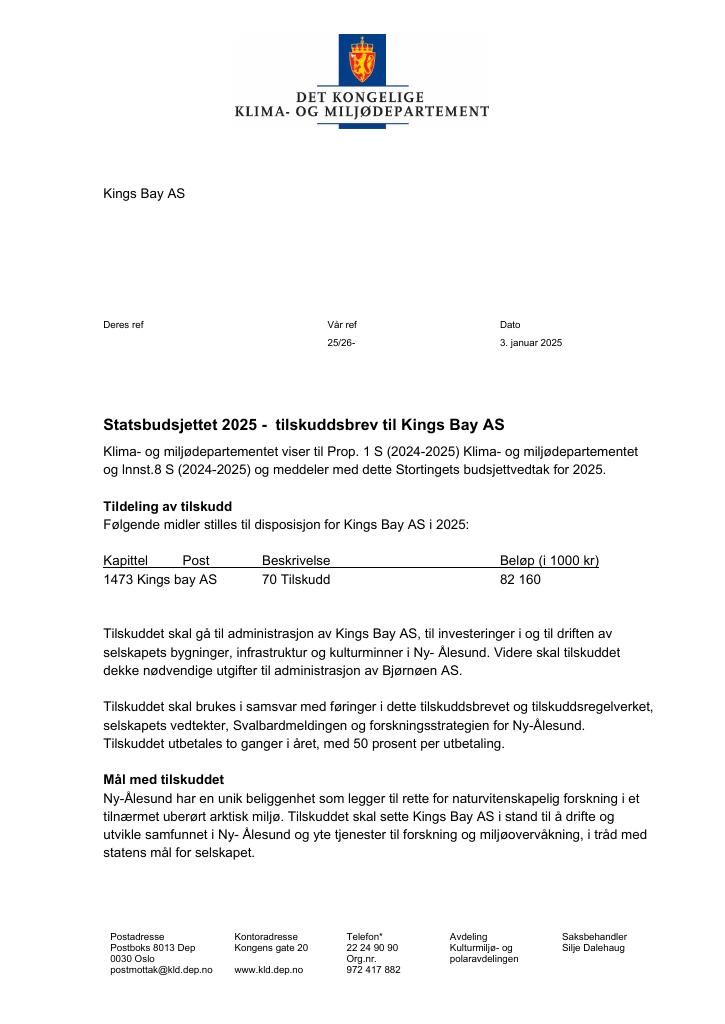 Forsiden av dokumentet Tilskuddsbrev til Kings Bay AS 2025