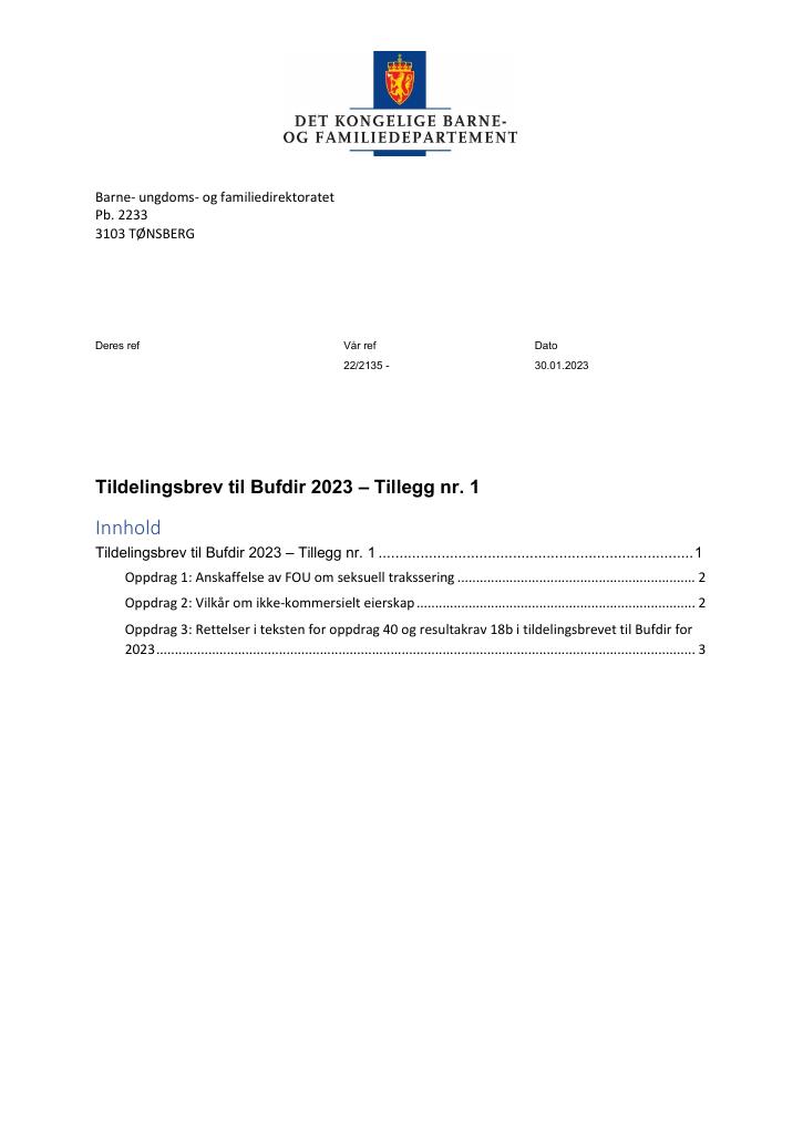 Forsiden av dokumentet Tildelingsbrev Bufdir 2023 - tillegg nr. 1