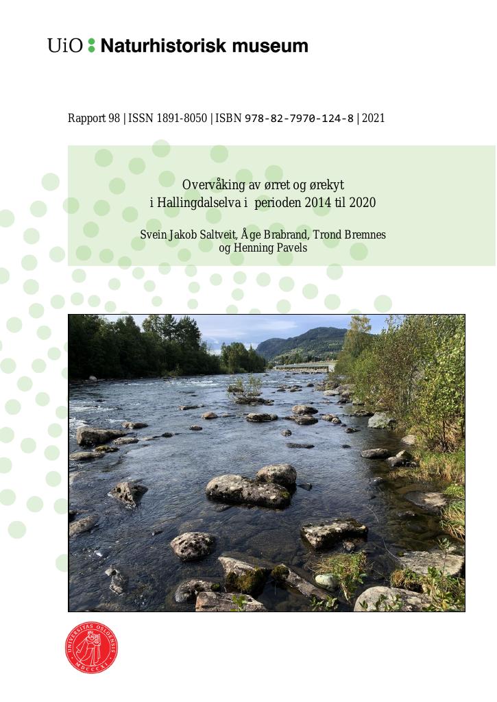 Forsiden av dokumentet Overvåking av ørret og ørekyt i Hallingdalselva fra 2014 til 2020