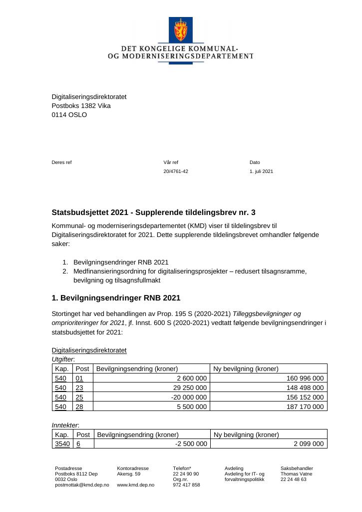 Forsiden av dokumentet Tildelingsbrev Digdir 2021 - tillegg nr. 3