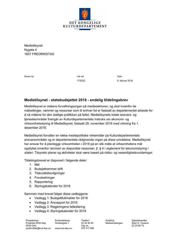 Forsiden av dokumentet Tildelingsbrev Medietilsynet 2018