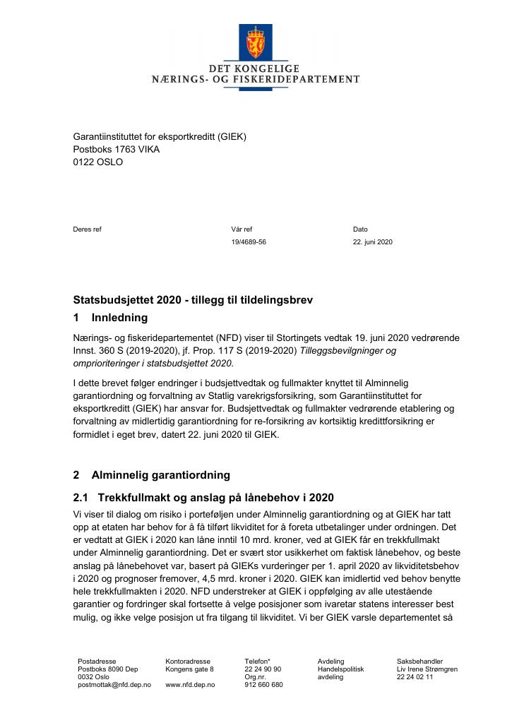 Forsiden av dokumentet Tildelingsbrev GIEK 2020 - tillegg