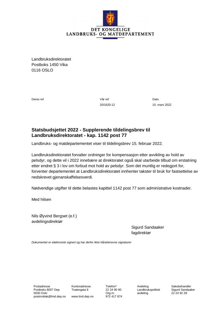 Forsiden av dokumentet Tildelingsbrev Landbruksdirektoratet 2022 - tillegg