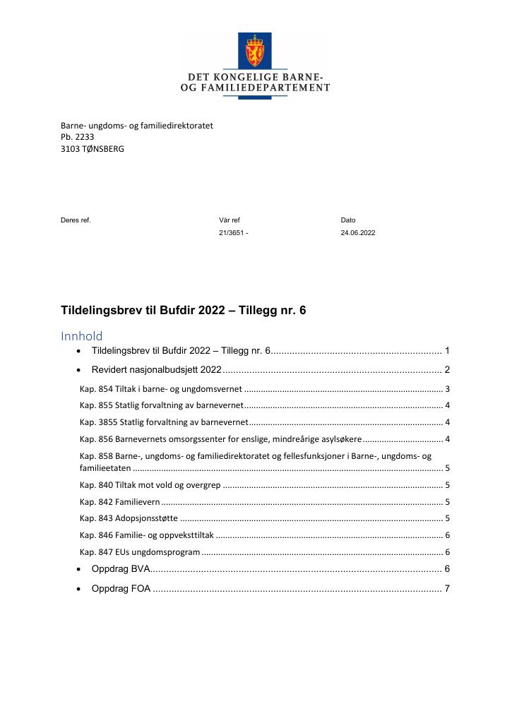Forsiden av dokumentet Tildelingsbrev Bufdir 2022 - tillegg nr. 6