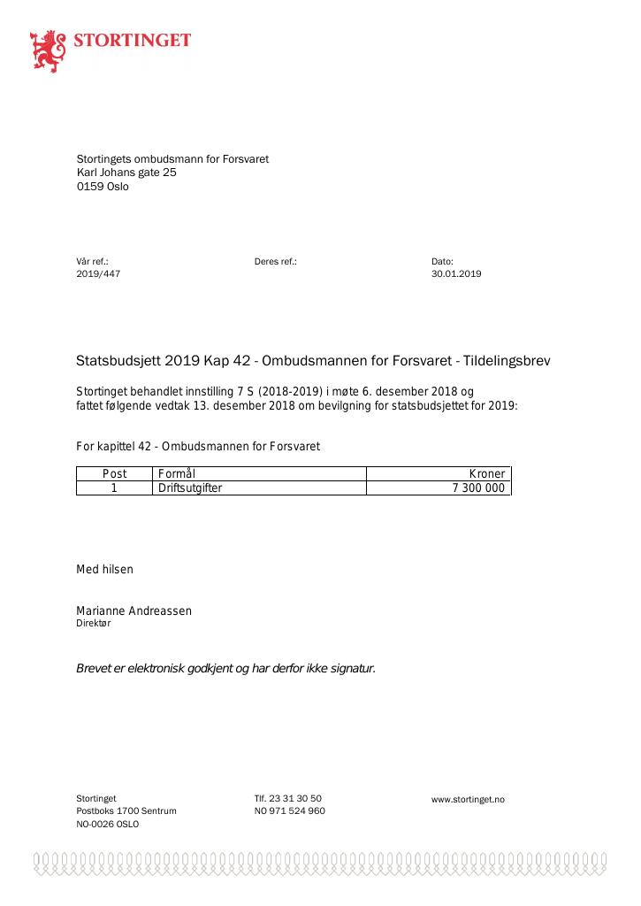 Forsiden av dokumentet Tildelingsbrev 2019 Stortingets ombudsmann for Forsvaret