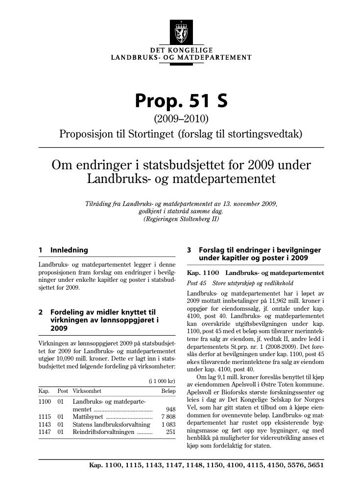 Forsiden av dokumentet Prop. 51 S (2009-2010)