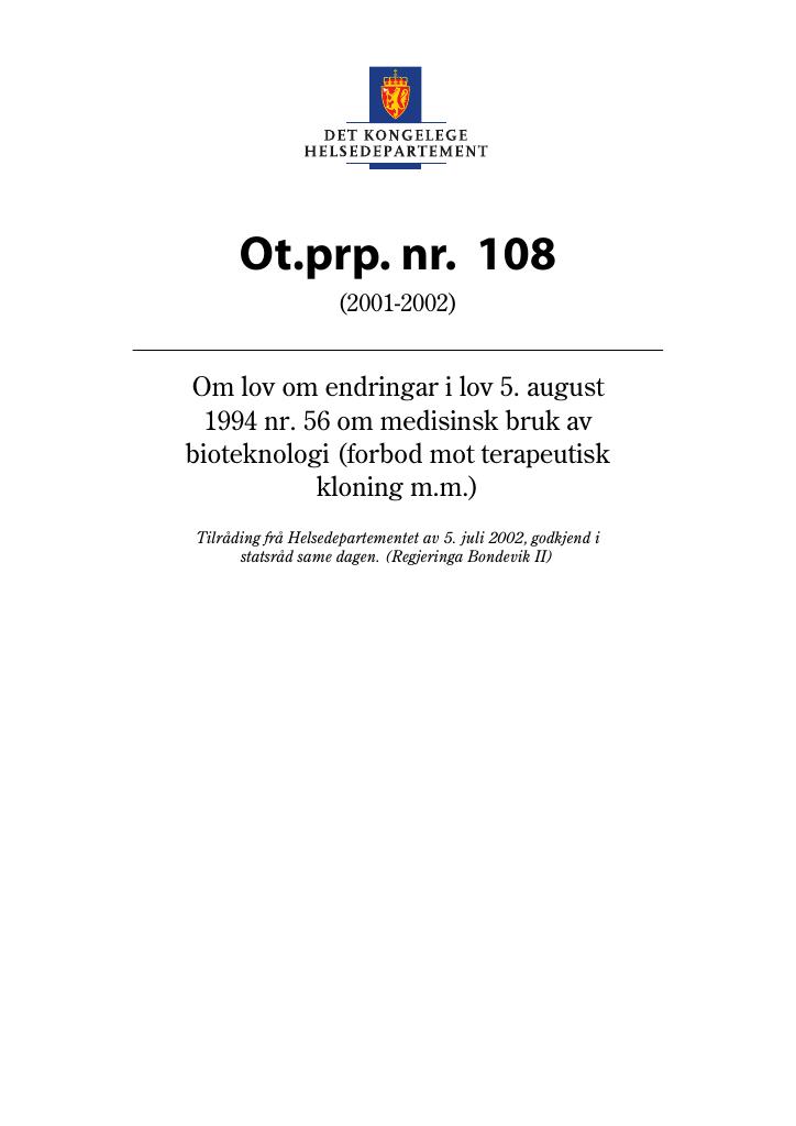 Forsiden av dokumentet Ot.prp. nr. 108 (2001-2002)