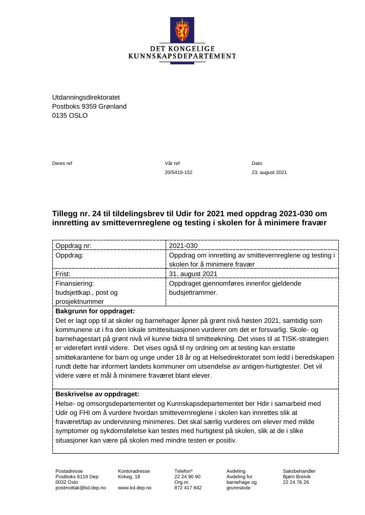 Forsiden av dokumentet Tildelingsbrev Utdanningsdirektoratet 2021 - tillegg nr. 24