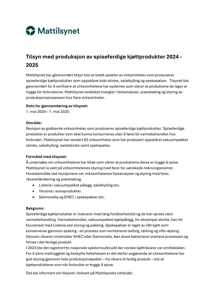Forsiden av dokumentet Tilsyn med produksjon av spiseferdige kjøttprodukter