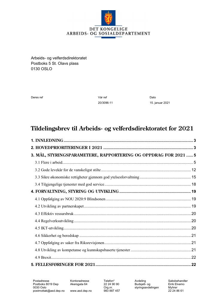 Forsiden av dokumentet Tildelingsbrev Arbeids- og velferdsdirektoratet 2021