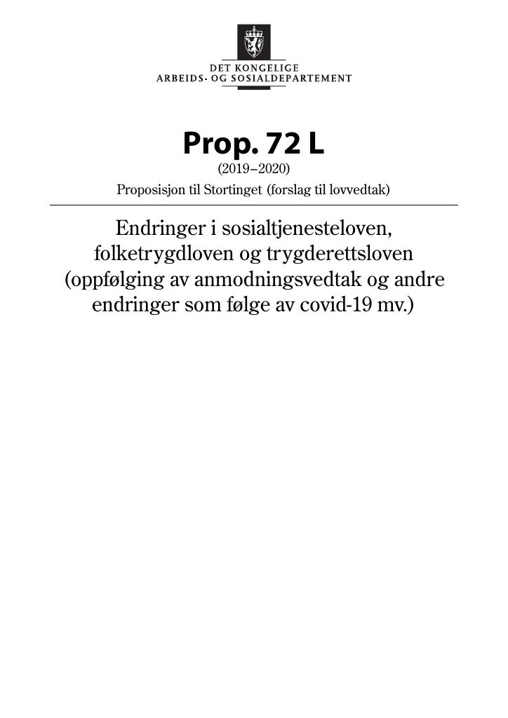 Forsiden av dokumentet Prop. 72 L (2019–2020)