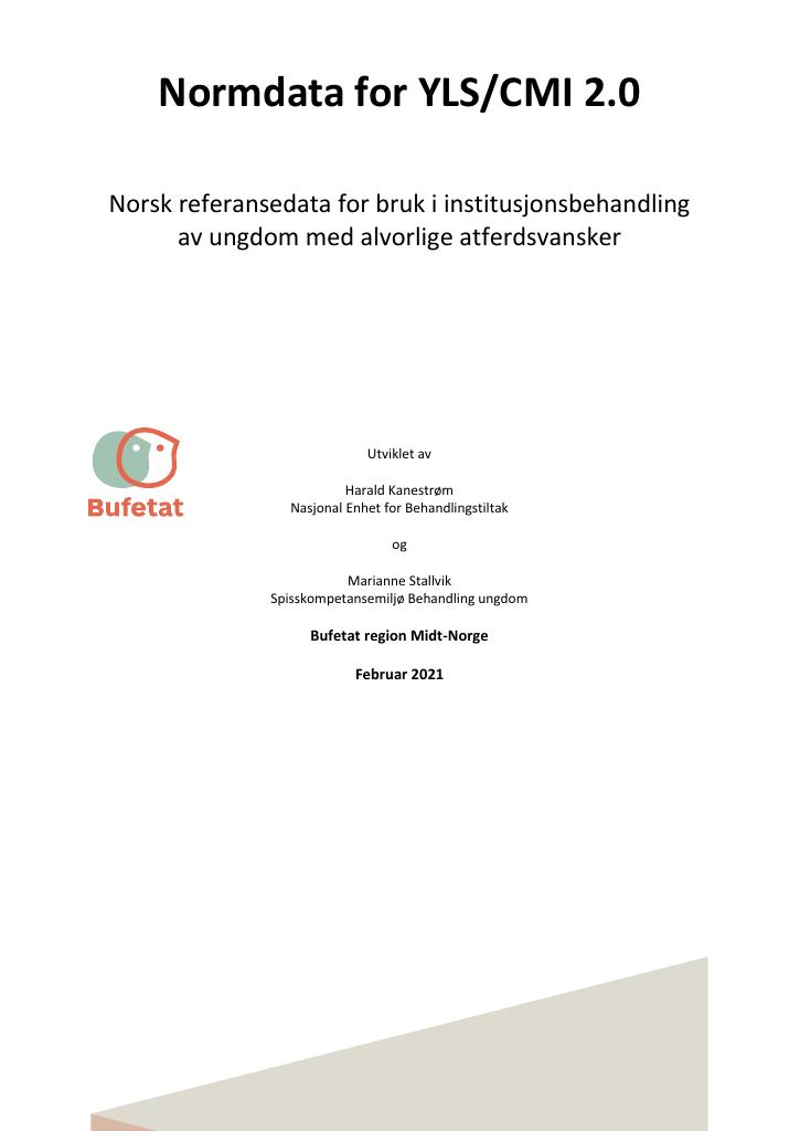 Forsiden av dokumentet Normdata for YLS/CMI 2.0. Norsk referansedata for bruk i institusjonsbehandling av ungdom med alvorlige atferdsvansker.