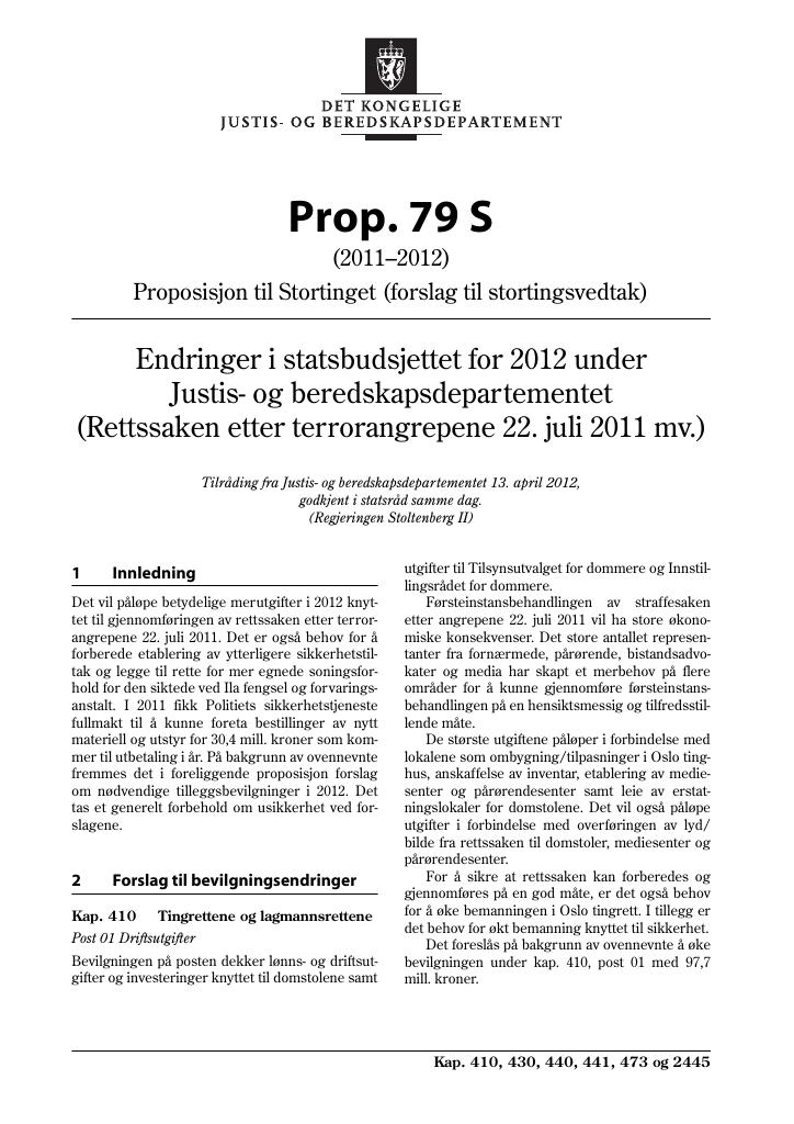 Forsiden av dokumentet Prop. 79 S (2011–2012)
