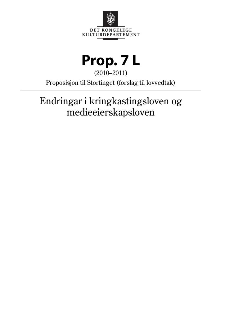 Forsiden av dokumentet Prop. 7 L (2010–2011)