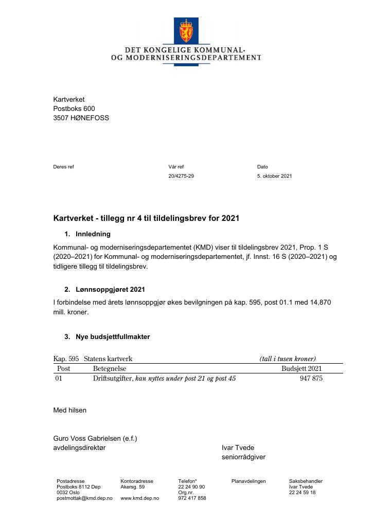 Forsiden av dokumentet Tildelingsbrev Kartverket 2021 - tillegg nr. 4