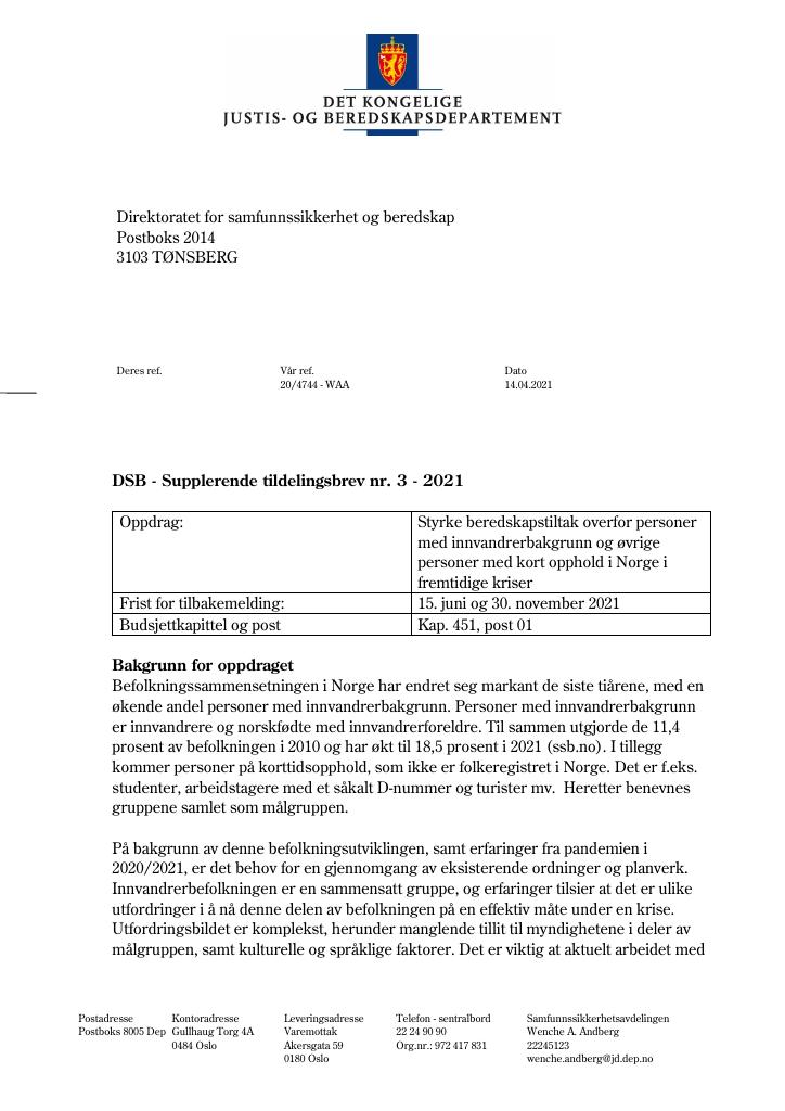 Forsiden av dokumentet Tildelingsbrev Direktoratet for samfunnssikkerhet og beredskap 2021 - tillegg nr. 3