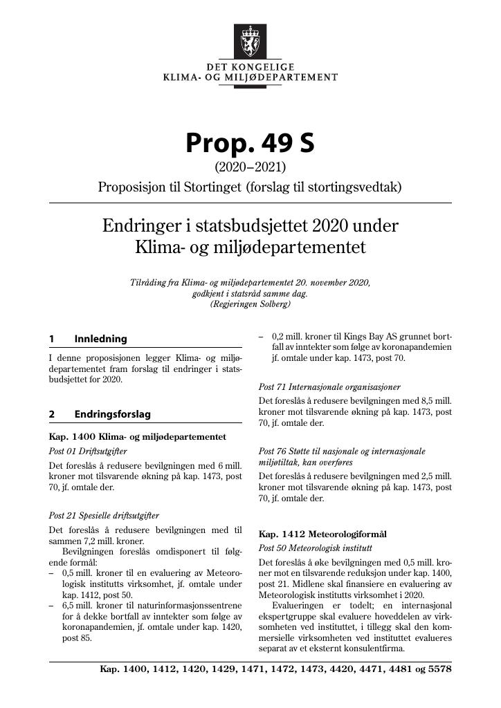 Forsiden av dokumentet Prop. 49 S (2020–2021)