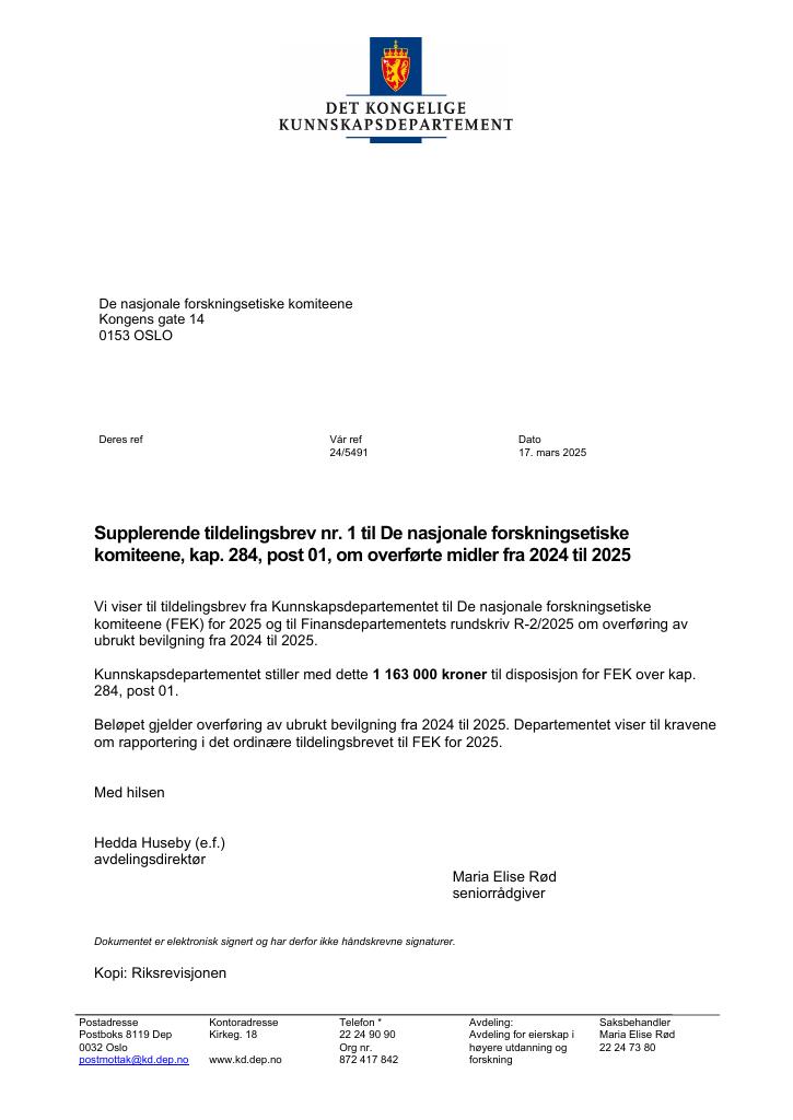 Forsiden av dokumentet Tildelingsbrev De nasjonale forskningsetiske komiteene (FEK) 2025 - tillegg nr. 1