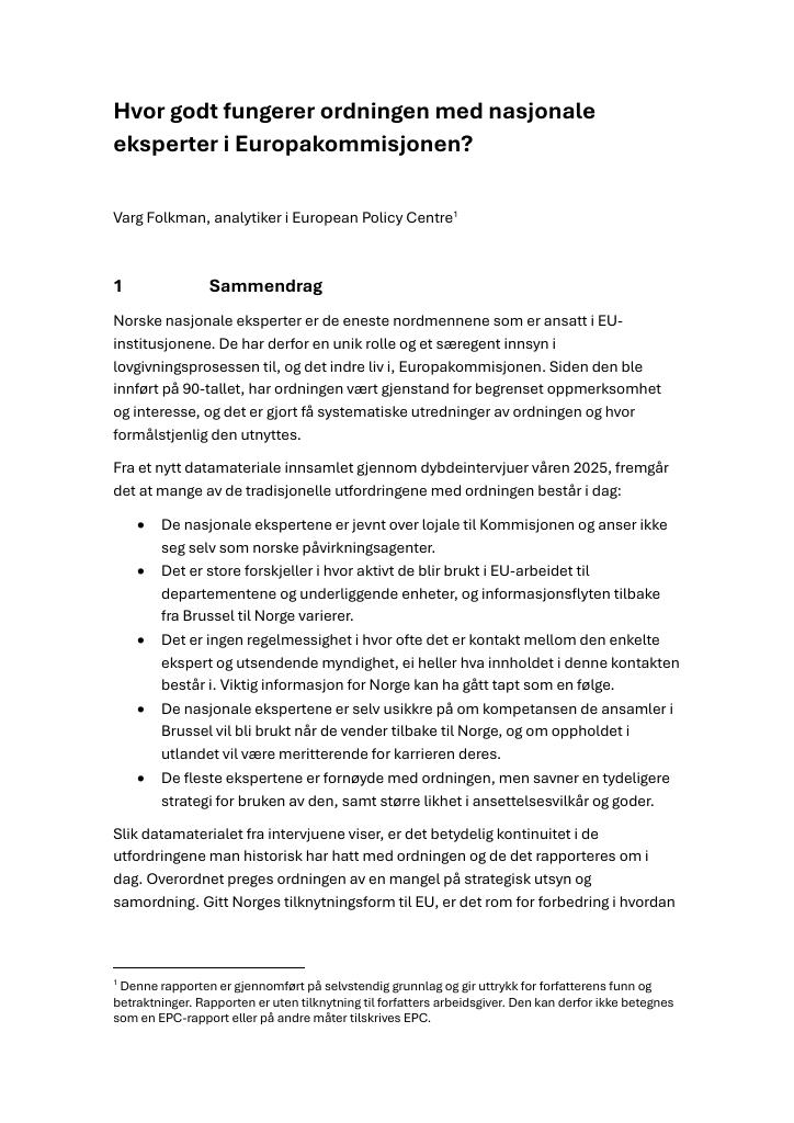 Forsiden av dokumentet Hvor godt fungerer ordningen med nasjonale eksperter i Europakommisjonen?