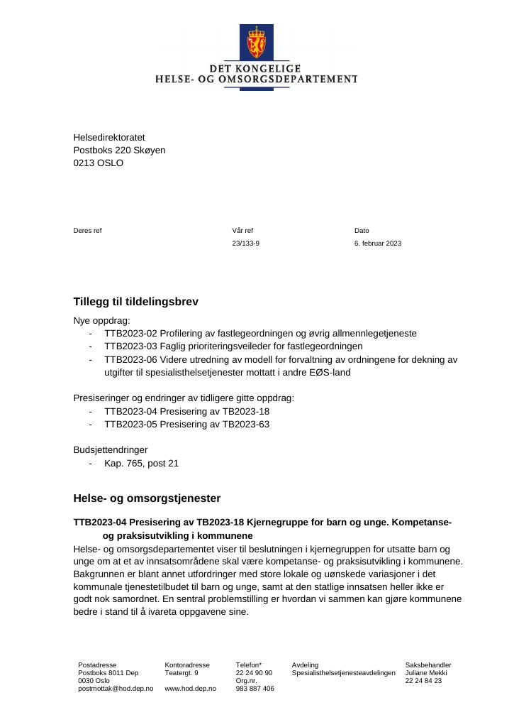 Forsiden av dokumentet Tildelingsbrev Helsedirektoratet 2023 - tillegg nr. 1