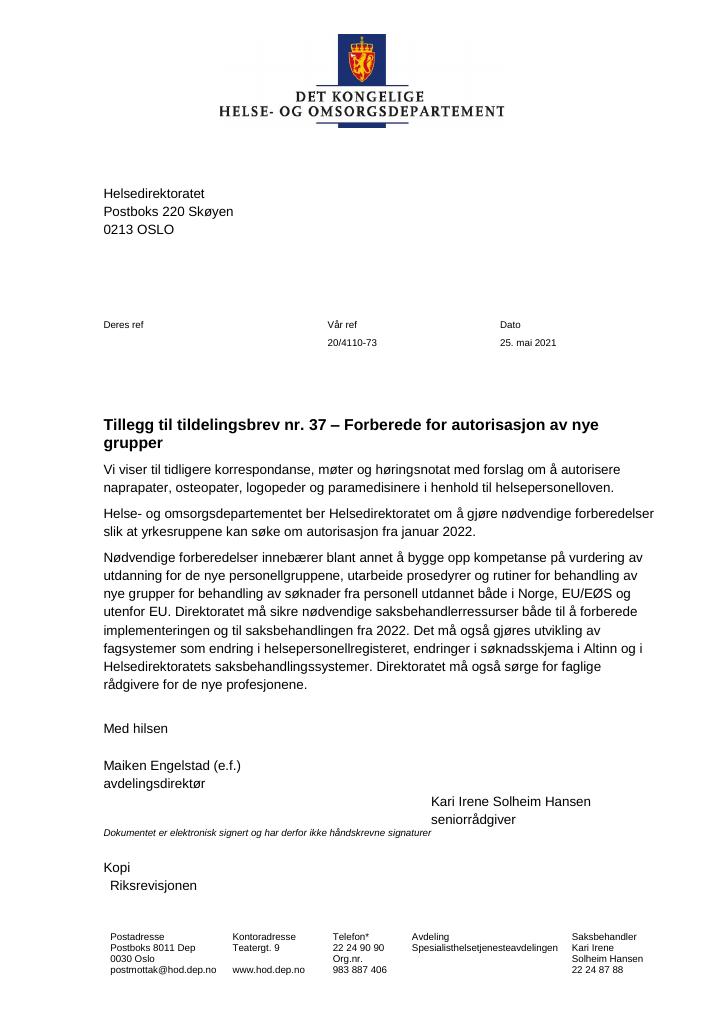 Forsiden av dokumentet Tildelingsbrev Helsedirektoratet 2021 - tillegg nr. 37