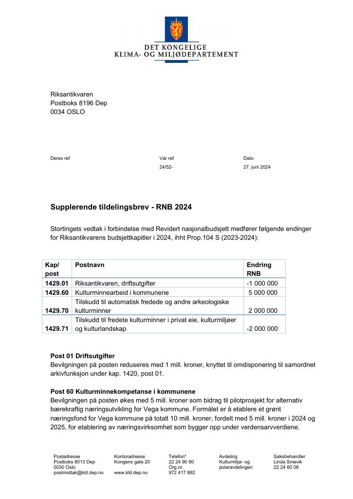 Forsiden av dokumentet Tildelingsbrev Riksantikvaren 2024 - tillegg nr. 27