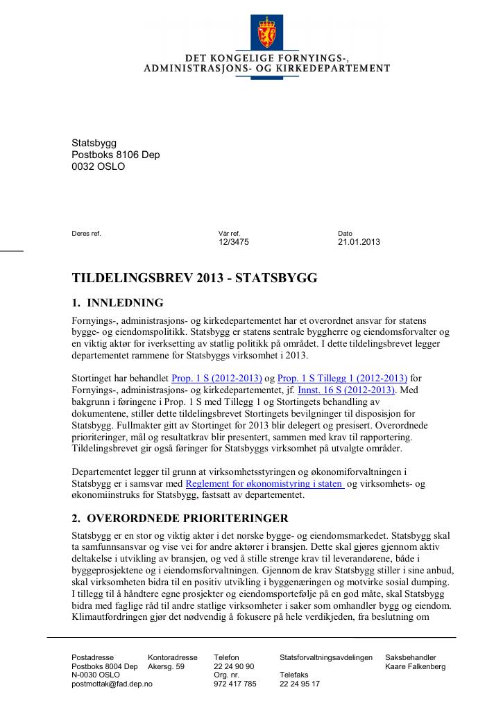 Forsiden av dokumentet Tildelingsbrev (pdf)