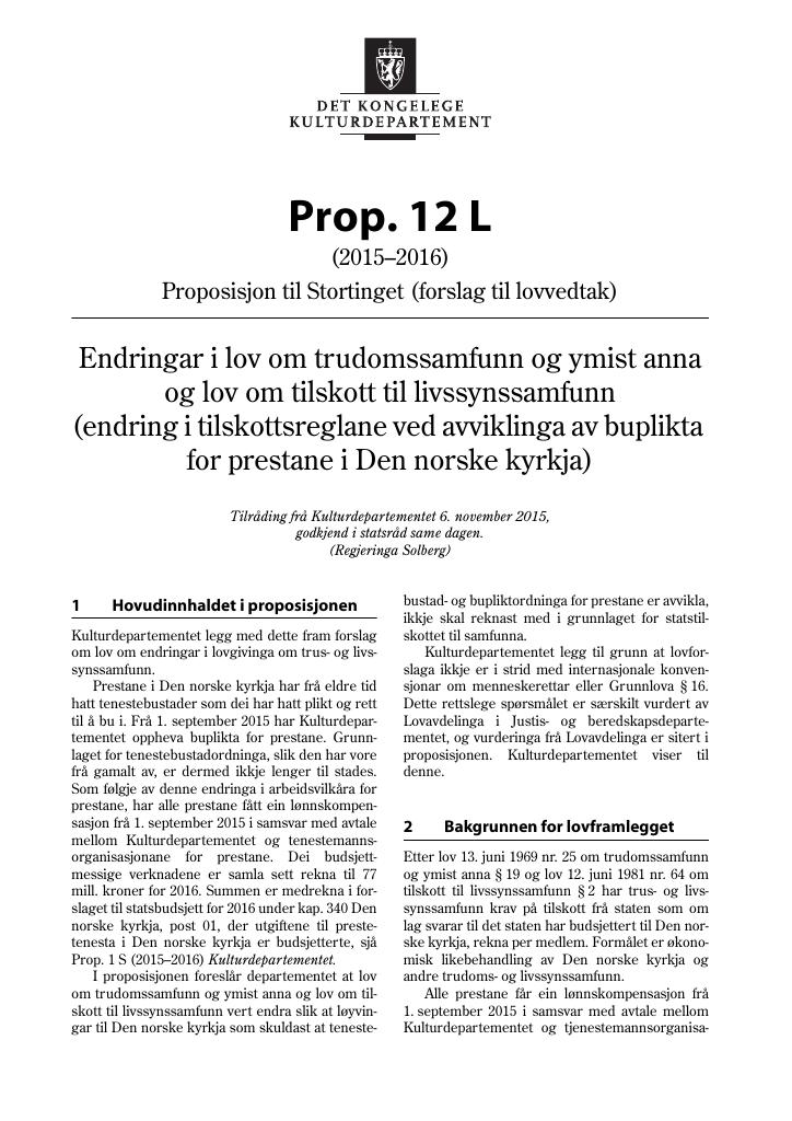Forsiden av dokumentet Prop. 12 L (2015–2016)