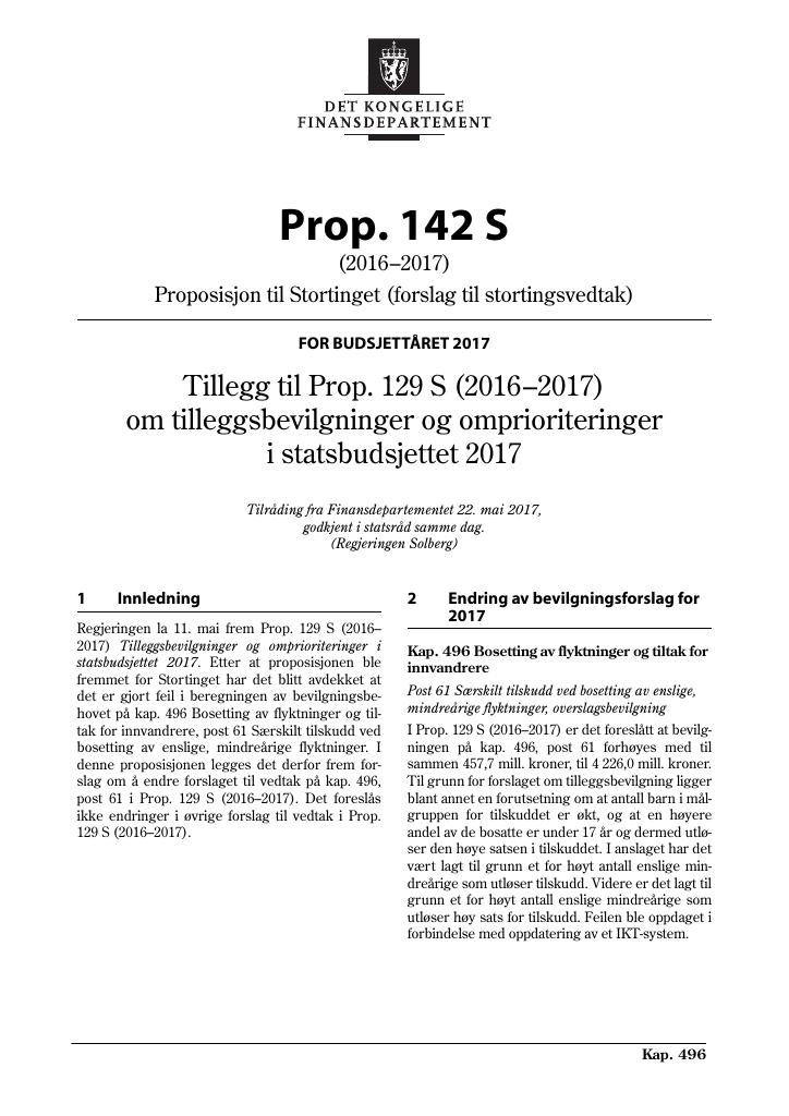 Forsiden av dokumentet Prop. 142 S (2016–2017)