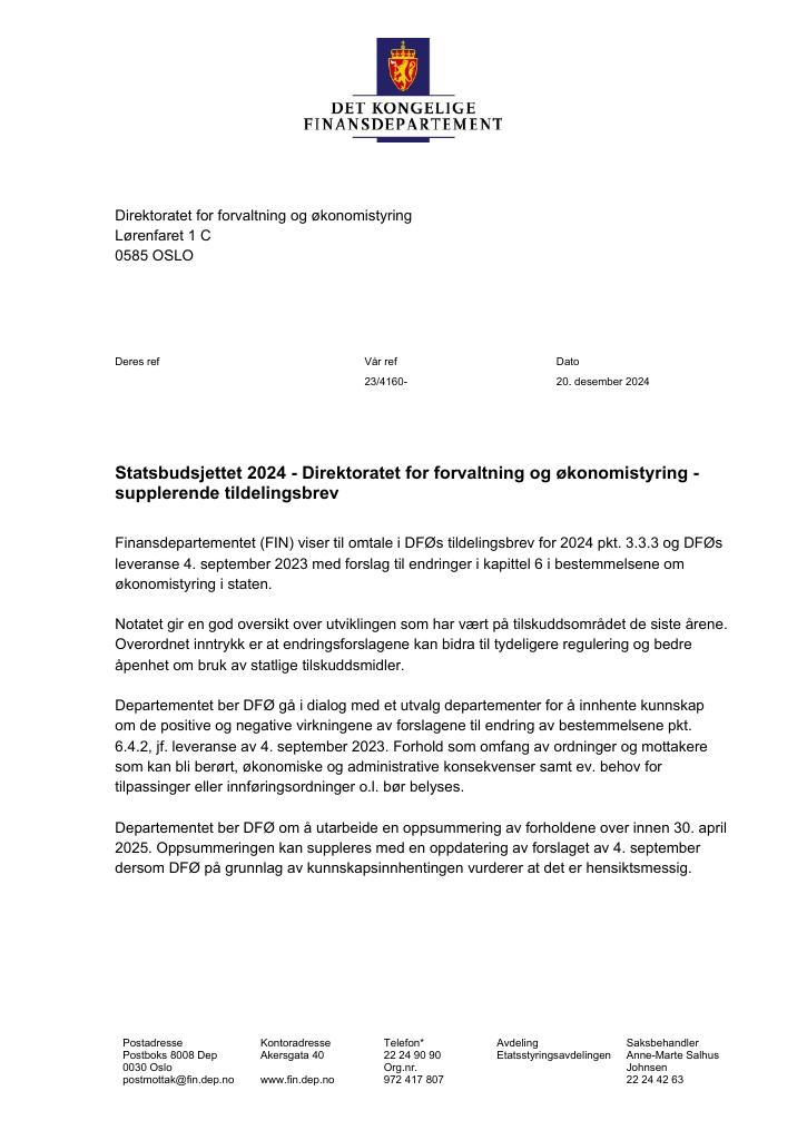 Forsiden av dokumentet Tildelingsbrev Direktoratet for forvaltning og økonomistyring 2024 - tillegg nr. 6