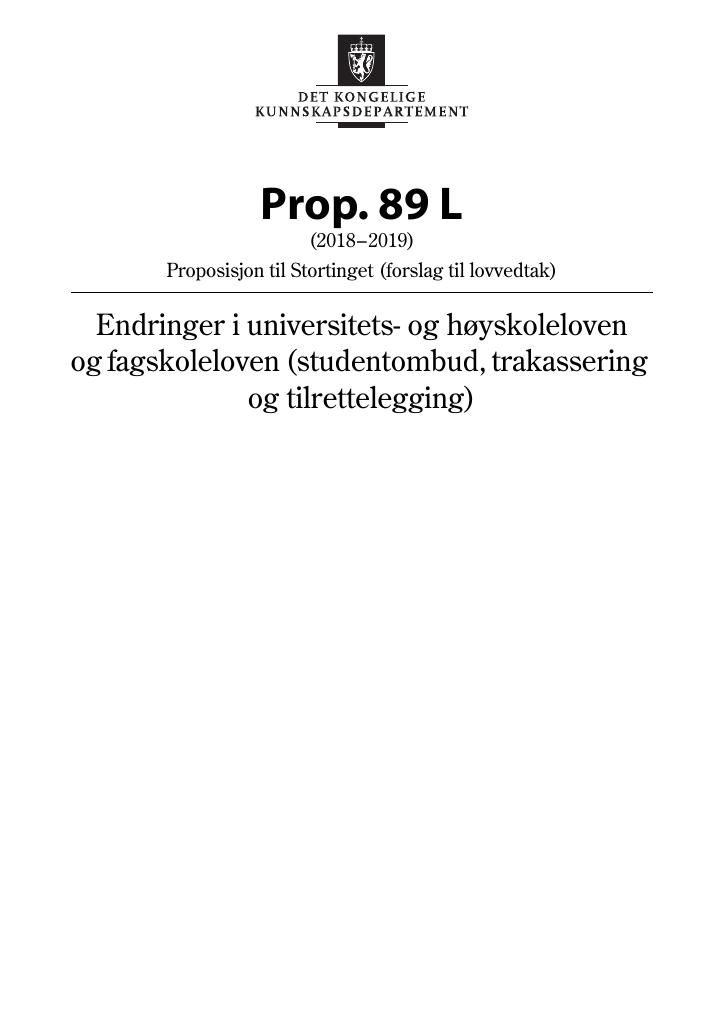 Forsiden av dokumentet Prop. 89 L (2018–2019)