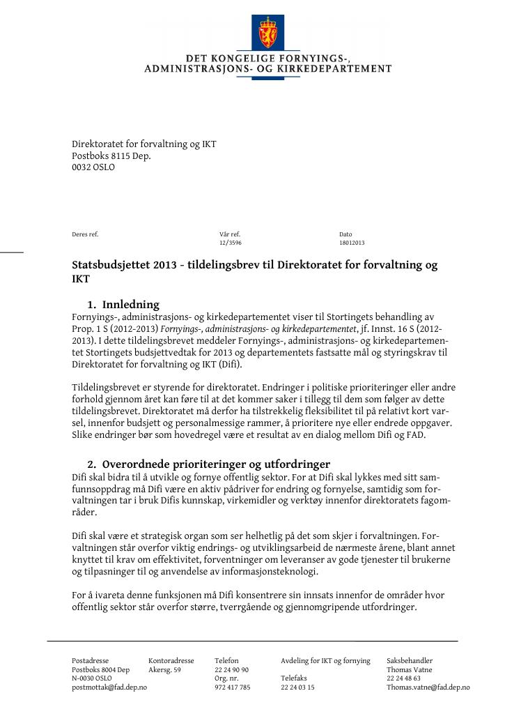 Forsiden av dokumentet Tildelingsbrev (pdf)