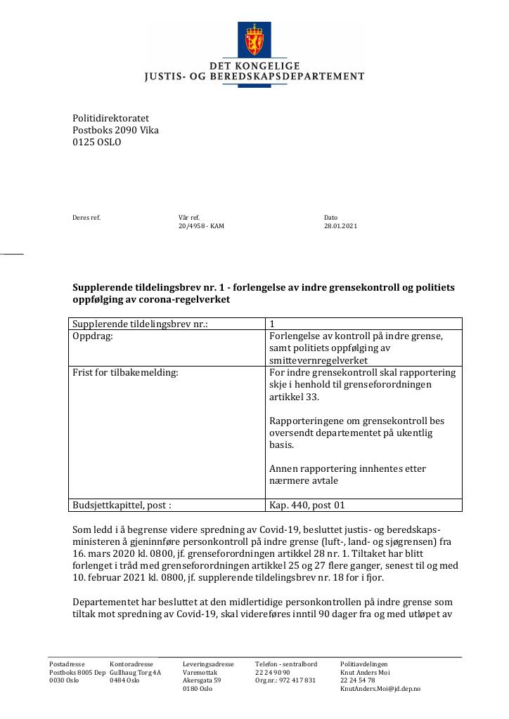 Forsiden av dokumentet Tildelingsbrev Politidirektoratet 2021 - tillegg nr. 1