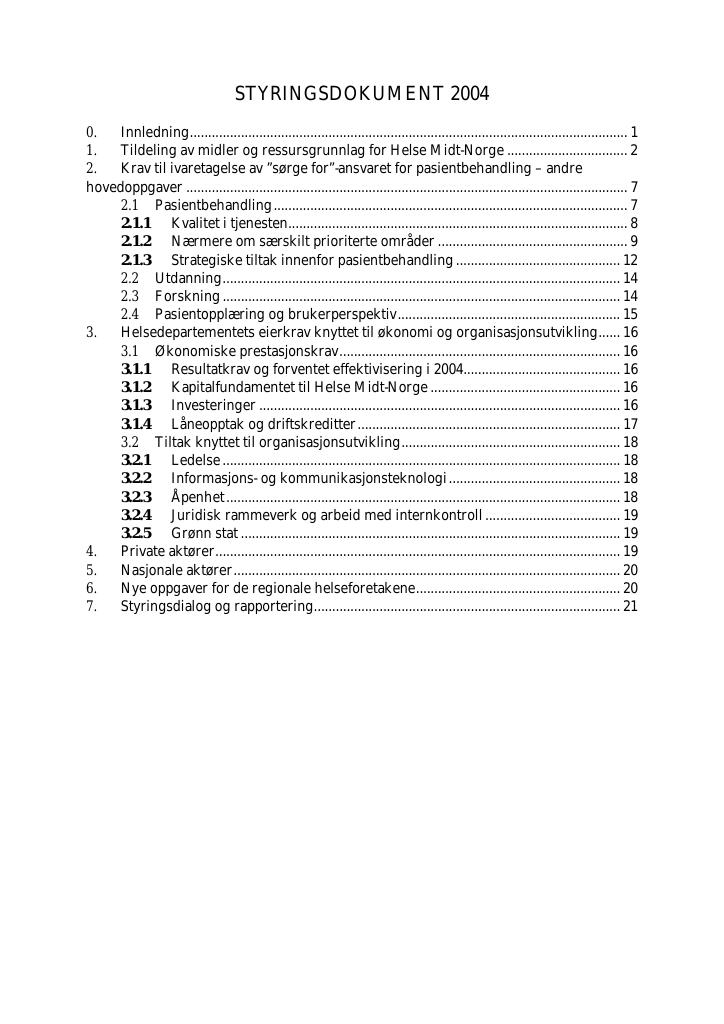 Forsiden av dokumentet Styringsdokument Helse Midt-Norge  2004